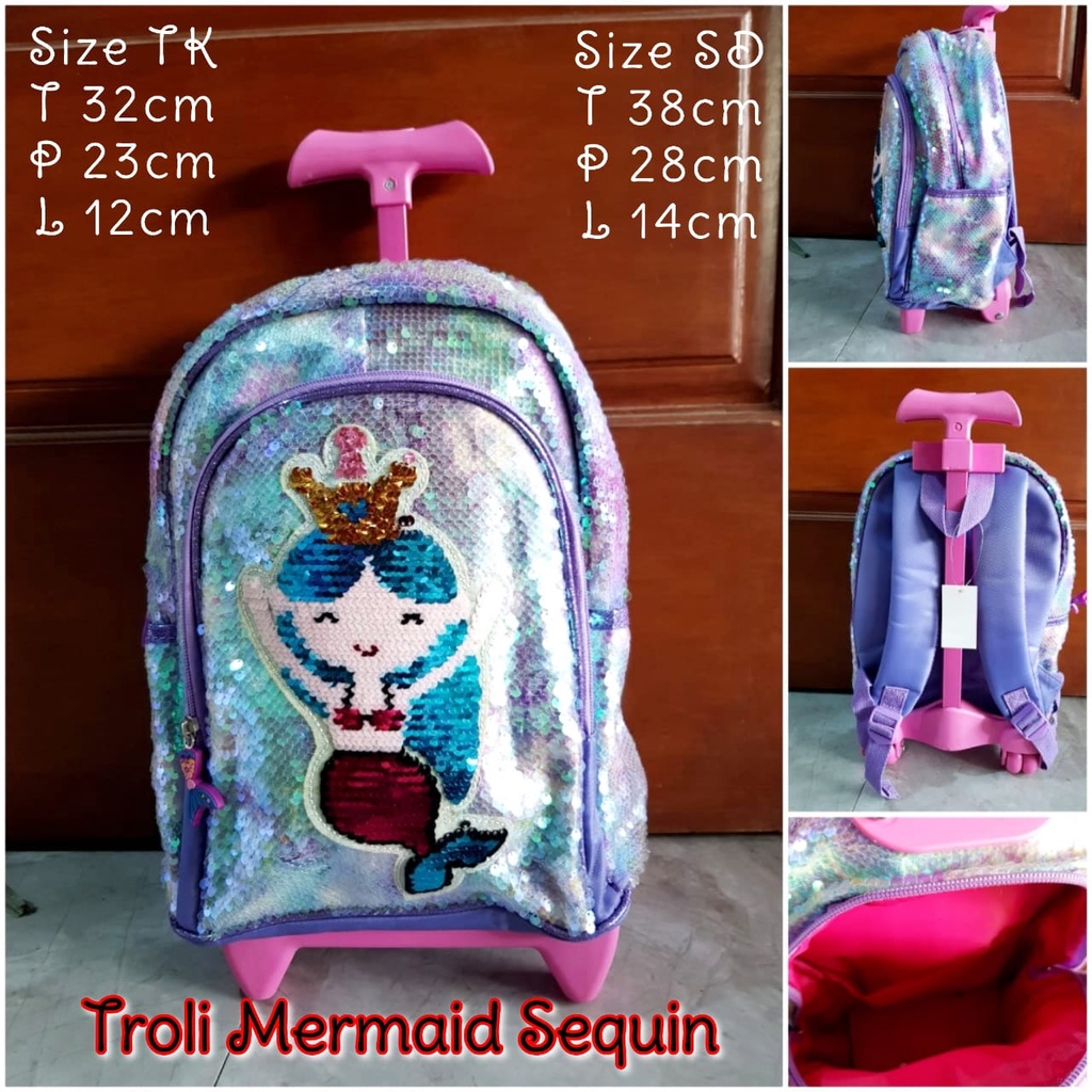 Tas Sekolah Troli Anak TK dan SD Motif Sequin Oval gambar LOL dan Mermaid Tas Koper Dorong Anak Perempuan Import