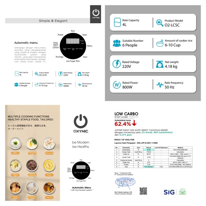 Oxynic Low 4 Liter Carbo Rice Cooker Smart 4L Low Sugar 600W