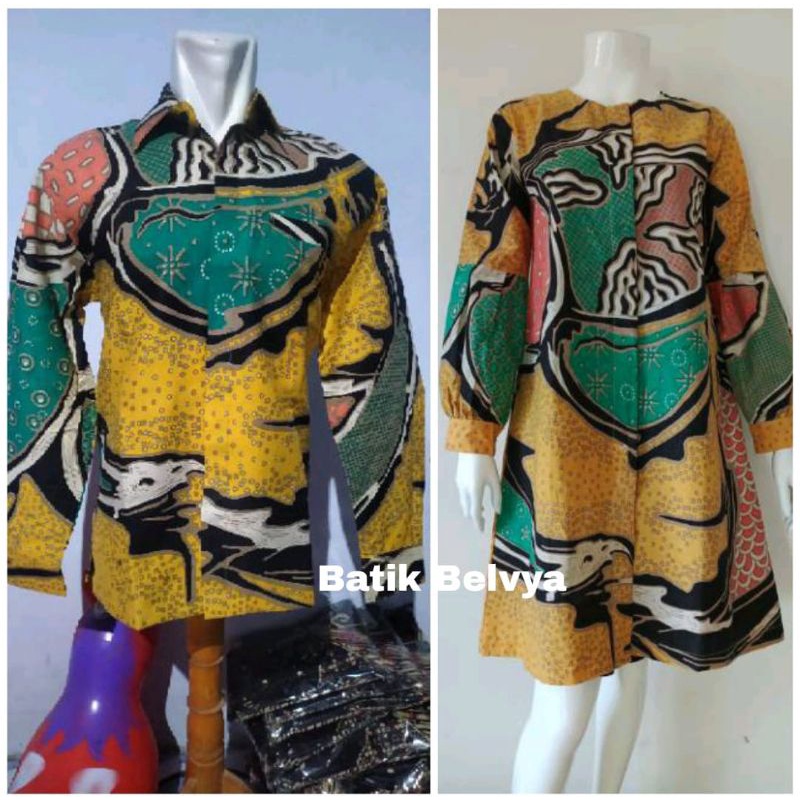 Set Couple Batik motif kuning serabut / Batik sragen / batik solo / dress batik / seragam batik caha
