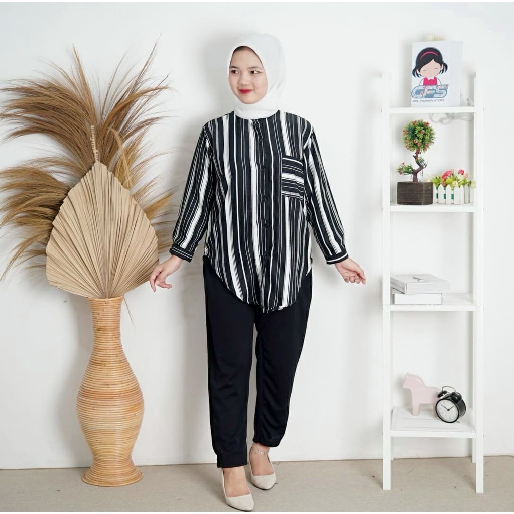 BEFAST - ZFS SETELAN ALYA / MADLEYN SET / Pakaian Santai Wanita Casual / Set Atasan Kemeja Stripe Lengan Panjang+Celana Panjang / Oneset Termurah / Outift Wanita Hijab Terlaris / Oneset Wanita Terbaru / Fashion Kekinian Wanita Trendy