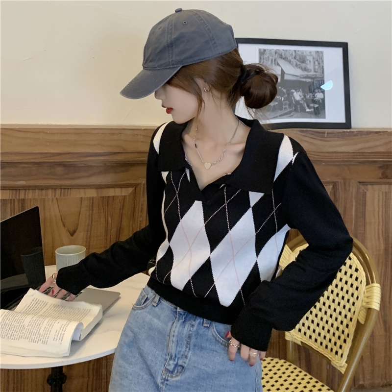 YIU YIU Rajut - Atasan Wanita Lengan Panjang Korea Style Kotak-kotak V-neck Sweater Knit Import Premium