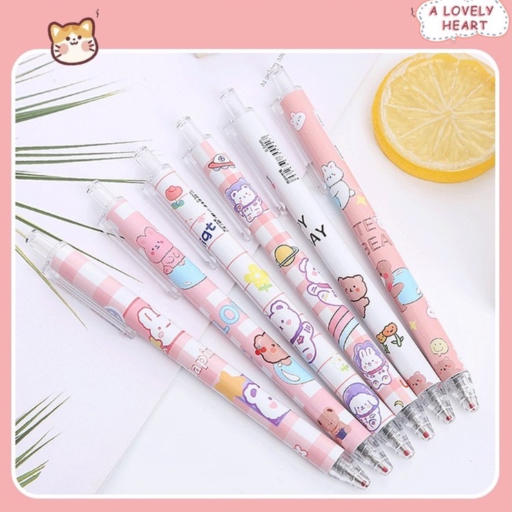 6 pcs Pena Pen Pulpen Cetek Cetekan Gel Bear Beruang Kemasan Kotak Mika Transparan GMALL-ST0106