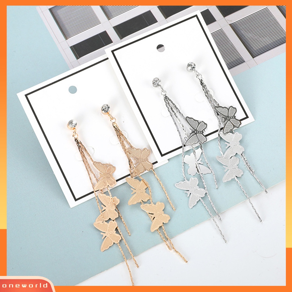 [WONE] Fashion Wanita Kupu-Kupu Rumbai Panjang Menjuntai Berlian Imitasi Stud Earrings Jewelry