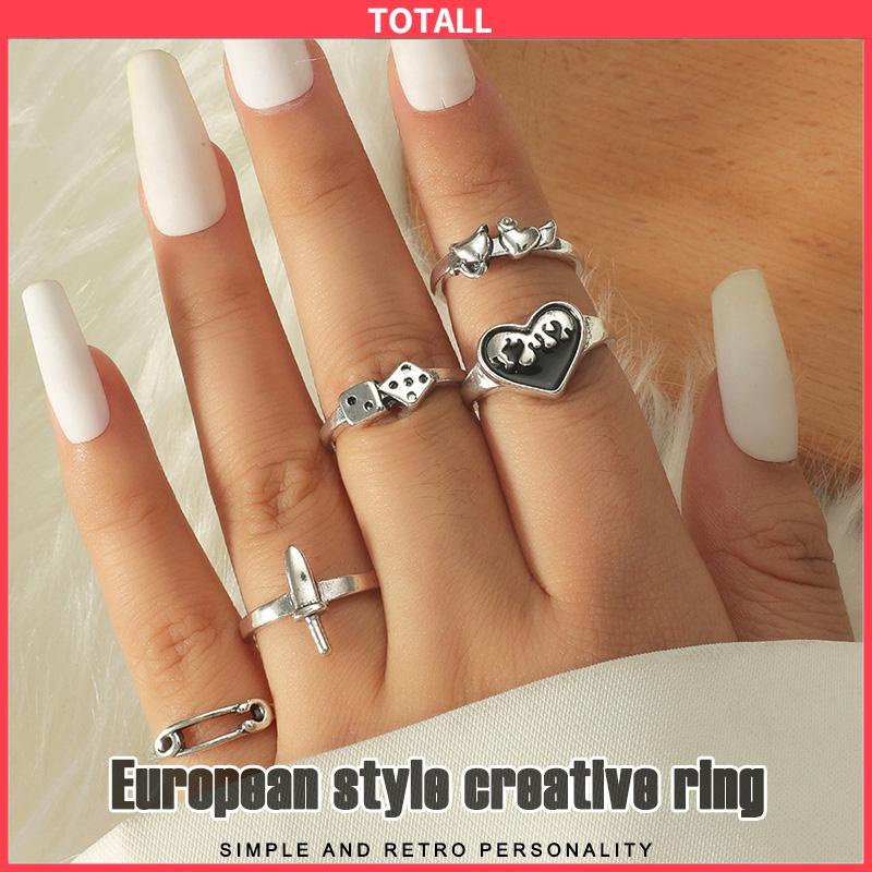 COD Domingo Ring Alloy peniti dadu love pedang retro silver cincin wanita fashion korea 5 set-Totall