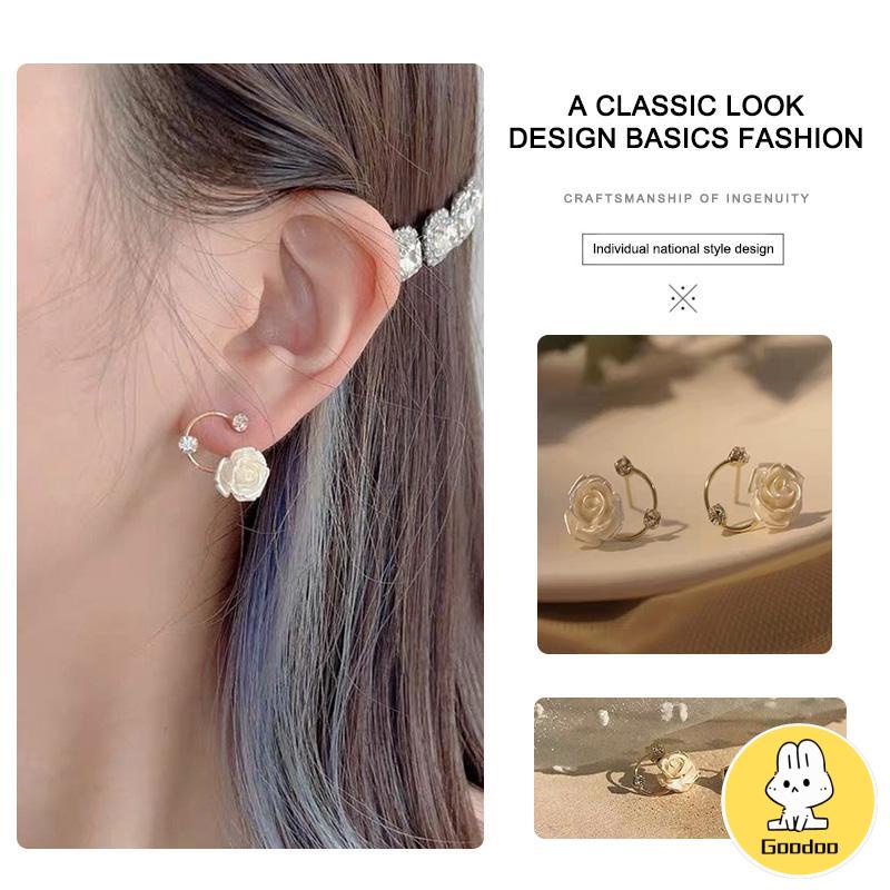 Anting Berlian S925 Perak Pengadilan Vintage Mawar Elegan Lembut Temperamen Estetika -Doo