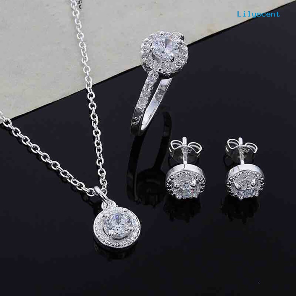 [LS] Wanita Bulat Zirkon Telinga Studs Terbuka Cincin Kalung Fashion Pesta Perhiasan Pesona Set