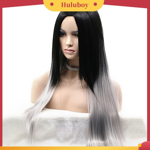 Wig Rambut Wanita Model Panjang Lurus Warna Ombre Hitam Abu-Abu Tahan Panas Untuk Pesta