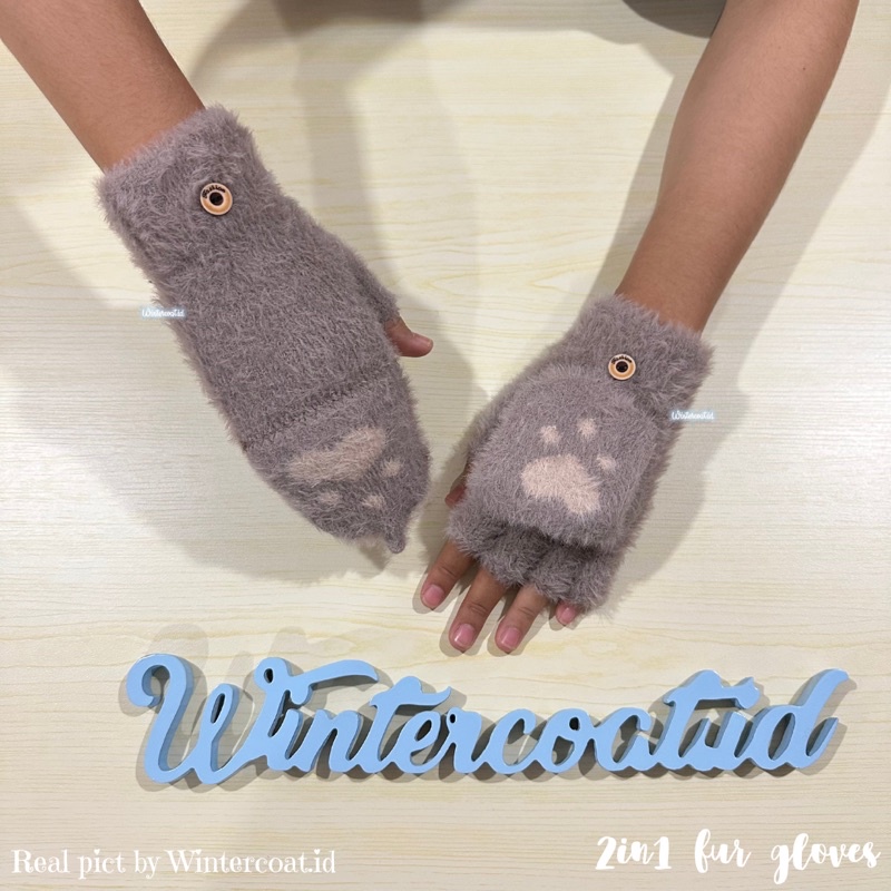 Sarung tangan bulu wanita winter gloves woman women import hangat lembut half finger fingerless 2in1 cat glove musim dingin paw kucing