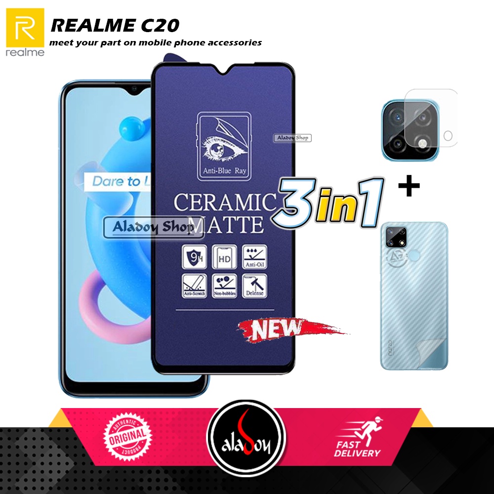 PAKET 3IN1 Anti Gores Blue Matte Anti Glare Realme C20 + Tempered Glass Camera dan Skin Carbon