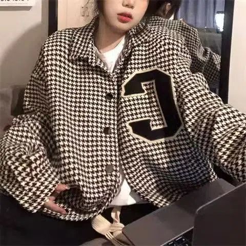 Tipis Houndstooth Gaya Klasik Bisbol Seragam Jaket Longgar Gaya Preppy High Street Jaket