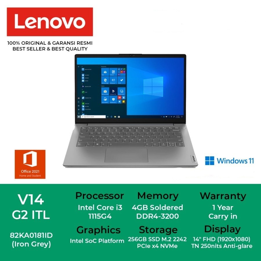 NOTEBOOK LENOVO V14 G2 ITL 82KA0181ID Core i31115G4 4GB 256GB W11 GREY