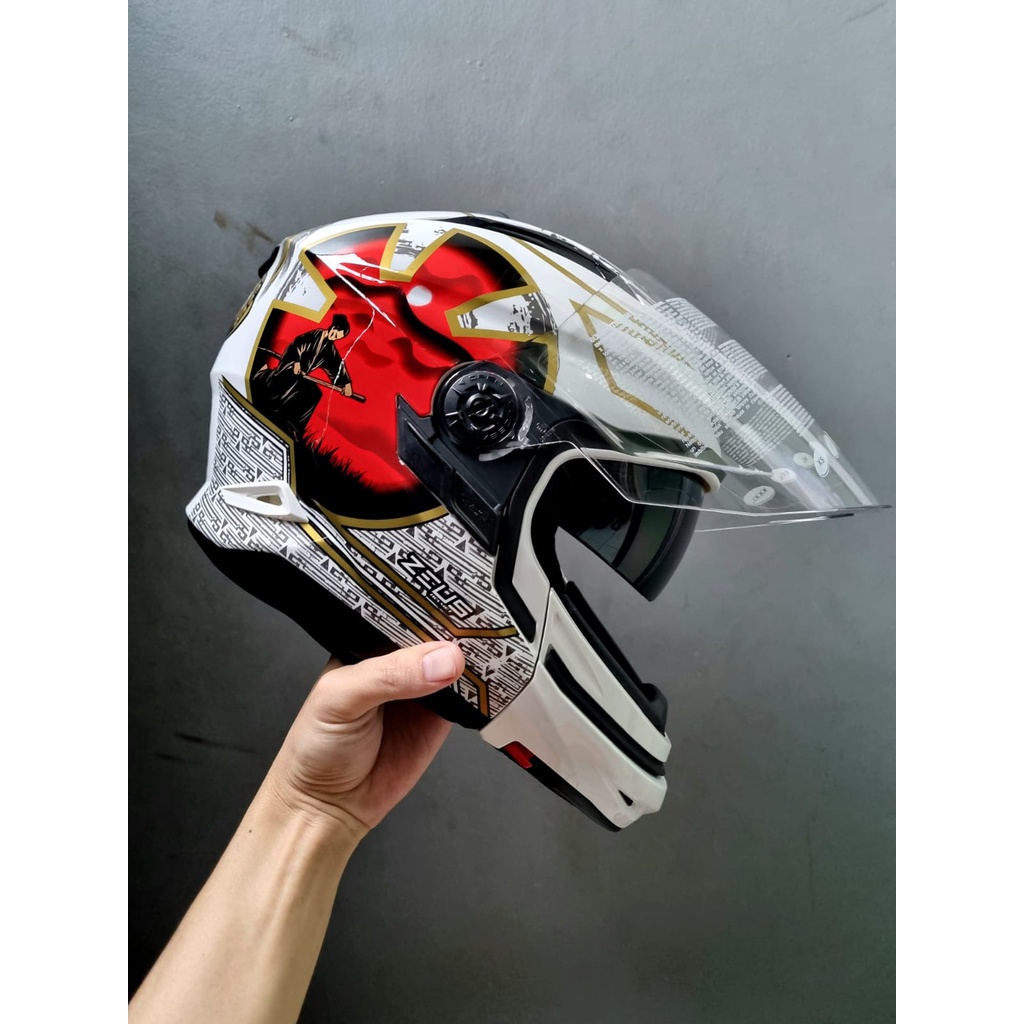 Jual Zeus Zs C White Aj Red Glossy Modular Double Visor Bisa Dipasang Pet Shopee Indonesia