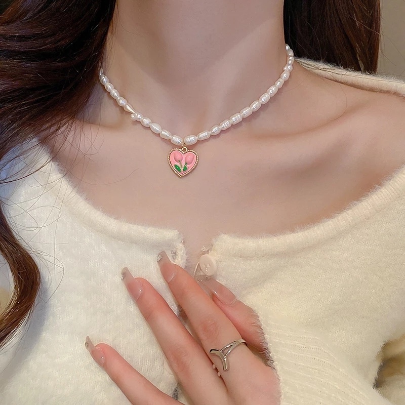 Kalung Bunga Tulip Manis Mutiara Imitasi Rantai Choker Wanita Hati Liontin Kalung Elegan Leher Permata Aksesoris Untuk Ulang Tahun Pacaran Pernikahan