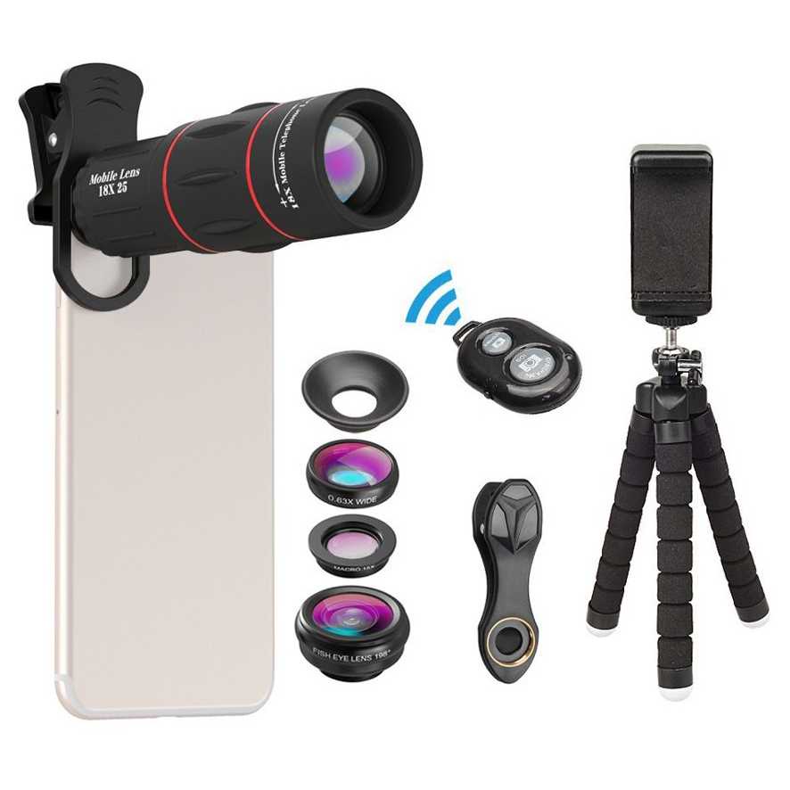 APEXEL 4in1 Lens Fisheye+Macro+Wide+Telephoto+Tripod+Shutter - APL-T18XBZJ5 Lensa Smartphone