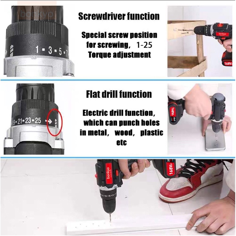 bonkyo 168VF Mesin Bor Impact Drill / Bor baterai /Bor Listrik/Beton Besi Kayu Full  Set Pilihan Bor Tanpa Kabel