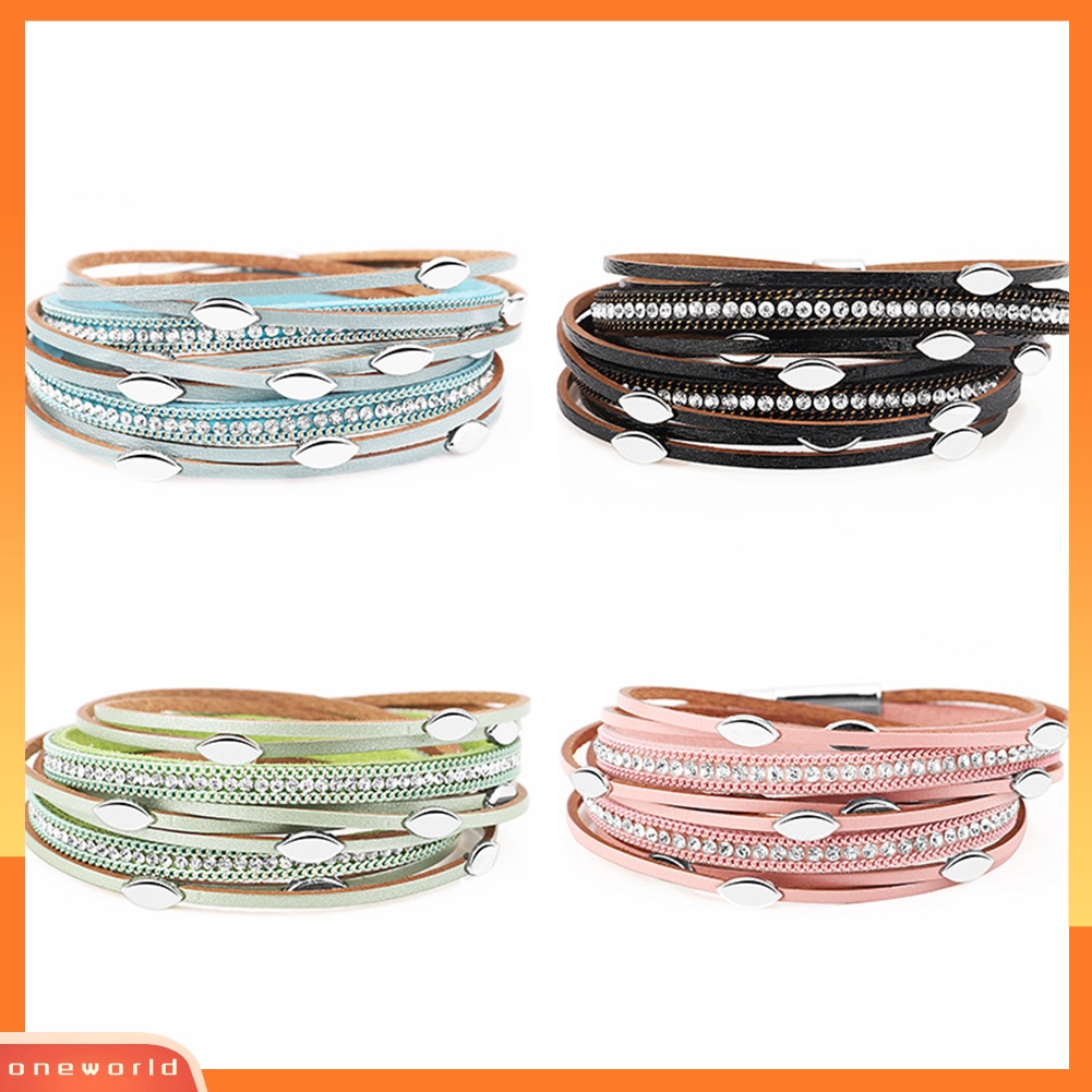 [WONE] Fashion Wanita Daun Pesona Berlian Imitasi Multi Layer Gelang Bangle Perhiasan Hadiah