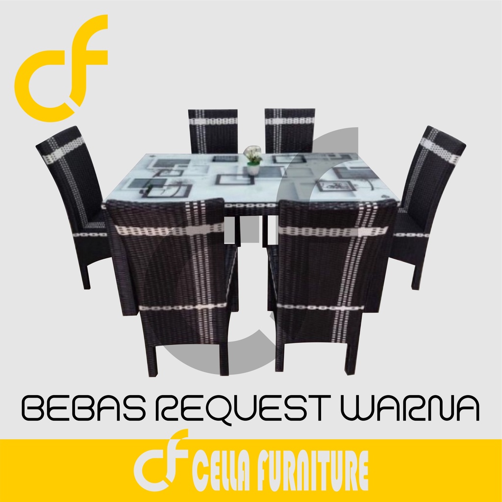 ONGKIR MURAH - 1 Set Meja Makan 6 Kursi [Rotan Sintetis] - CHECK OUT 2× SECARA TERPISAH