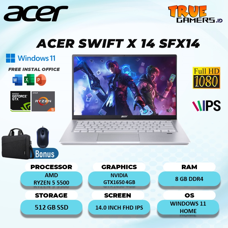 LAPTOP ACER SWIFT X 14 GTX1650 4GB AMD RYZEN 5 5500 8GB 512SSD WIN11 14.0FHD IPS