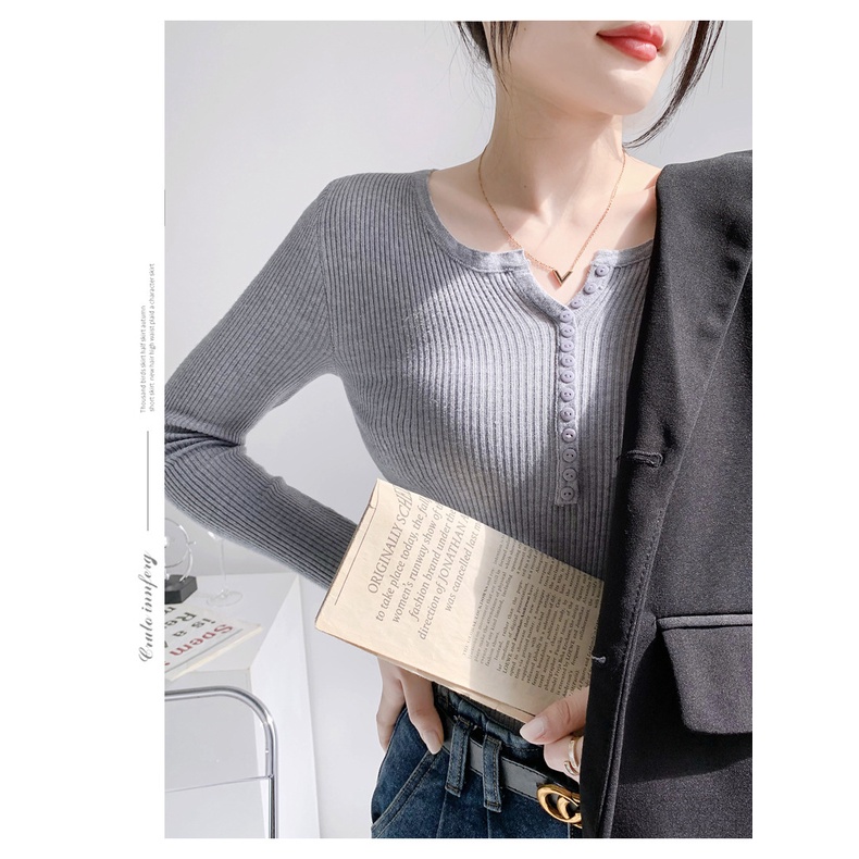 【Elegant】V-Neck Long Sleeve Button Knit T-Shirts  2365