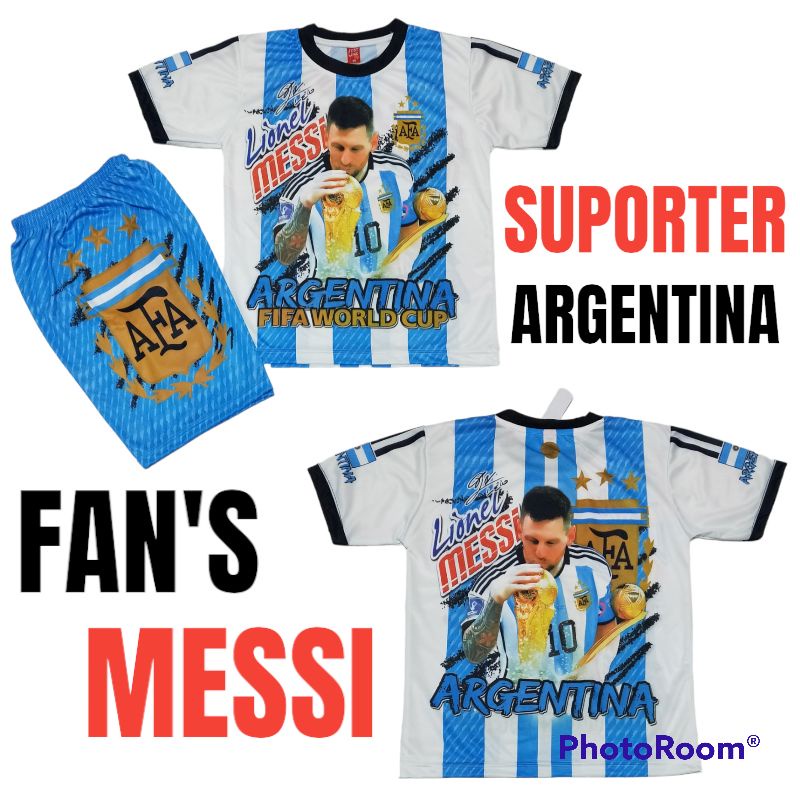 SETELAN BAJU BOLA ARGENTINA PIALA DUNIA QATAR 2022UMUR 5-12THN GRATIS SABLON NAMA