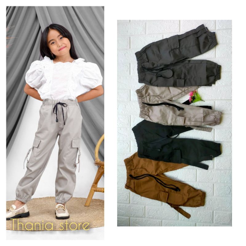 celana panjang joger cargo anak perempuan usia 1-13 tahun katun drill