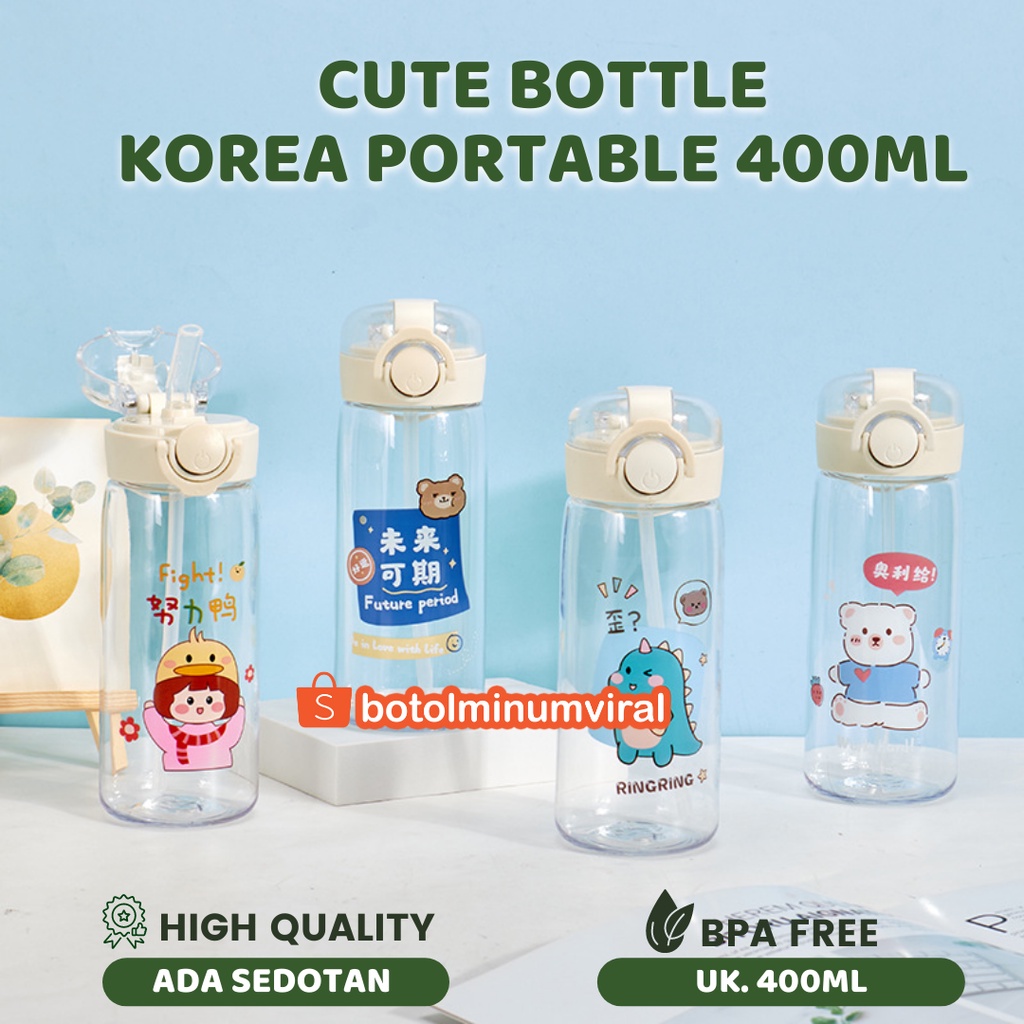 Botol Minum Anak Sedotan Karakter Dino Bear 400 ml BPA Free Lucu Impor Tutup Putih Bening