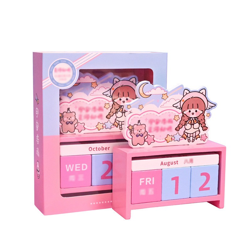 Kalender Kayu Momo Plus Tempat Pen Wooden Calendar with Pen Holder Kalender Meja Motif Kartun Aesthetic Lucu Warna Pastel @banyak