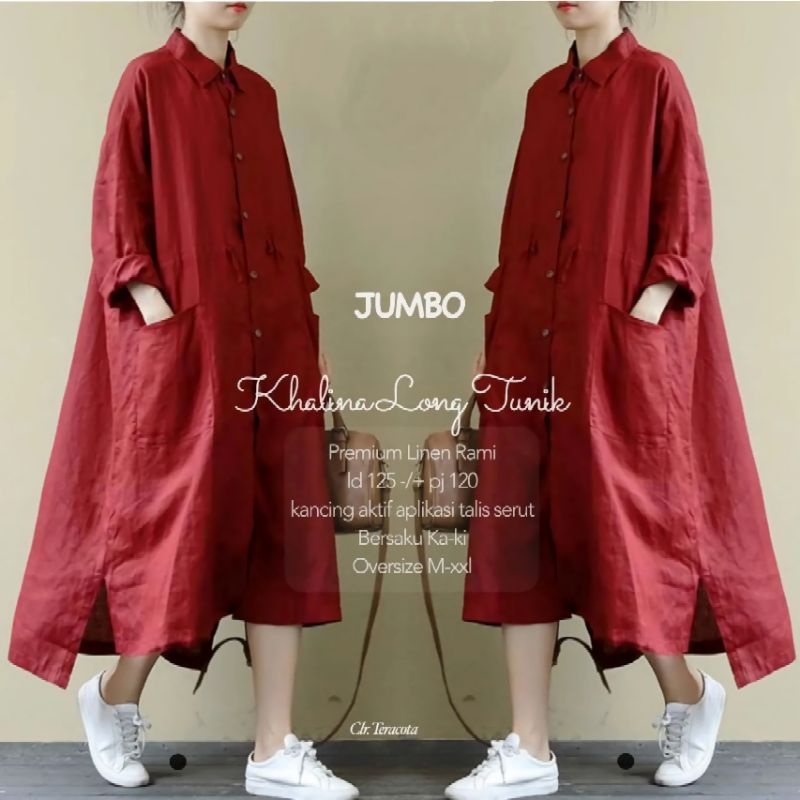 LONG TUNIK JUMBO KATUN LINEN PREMIUM/MIDI DRESS POLOS FULL KANCING DEPAN/TUNIK OVERSIZE/FAR MOSLEMSTORE