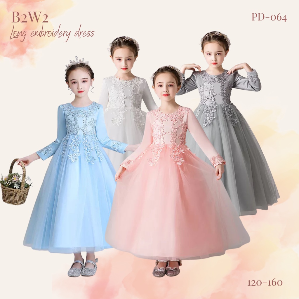 [Brandedbaby] 5T-11T DRESS PESTA ANAK LENGAN PANJANG TULLE BUNGA BUNGA / DRESS MUSLIM ANAK PEREMPUAN EMBROIDERY