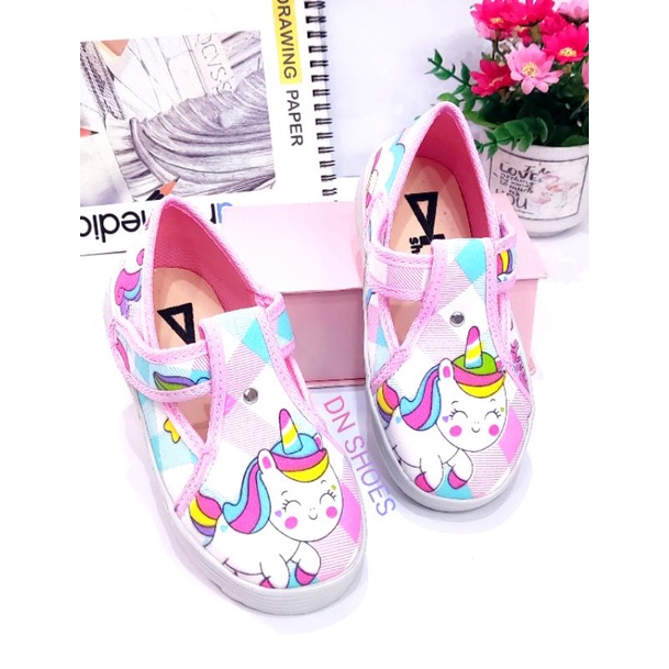 Sepatu flat shoes anak perempuan motif unicorn pink tosca juice perekat
