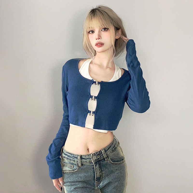 ✆☃Suhao Rapcopter American Hollow Kardigan Rajut T-shirt + Menggantung Leher Rompi Dua Potong Wanita Slim Hot Gadis Pendek top