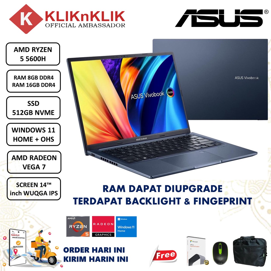 Laptop Gaming Asus Vivobook 14X M4103QA AMD Ryzen 5 5600U 16GB 512GB SSD Vega 7 WUQGA IPS Windows 11 Home Terlaris