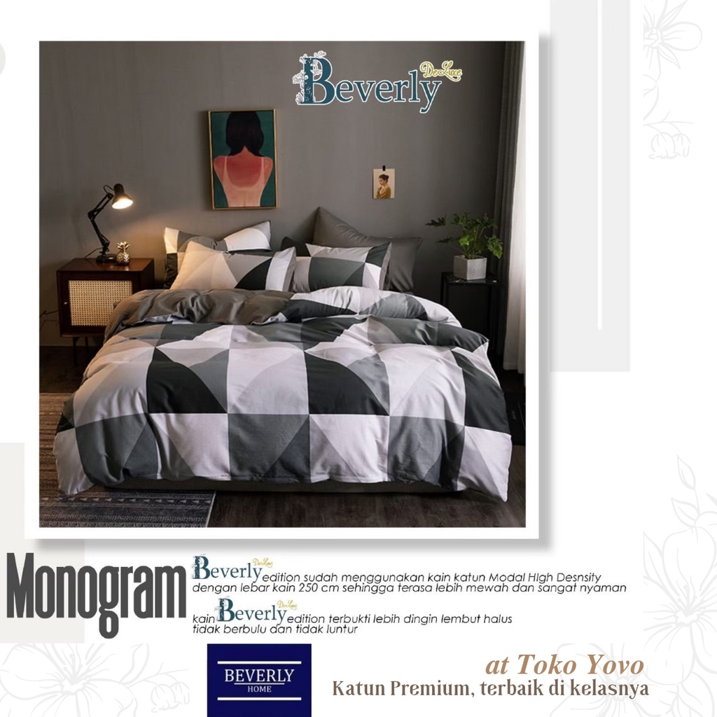 Sprei Katun Halus Pria Beverly Monogram Kotak Putih Grey Hitam Seprei