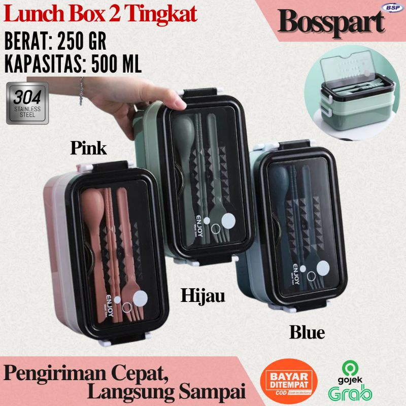 Lunch Box 2 susun dilengkapi set alat makan / Kotak Makan 2 tingkat anti tumpah