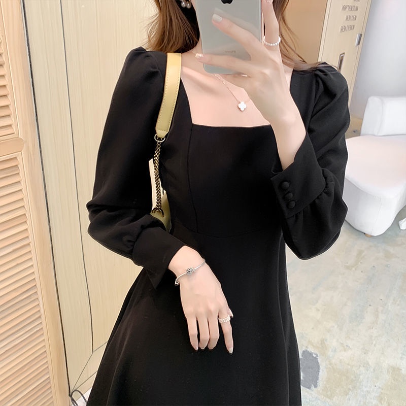 Dress korea/kerah persegi vintage dress/dress hitam panjang