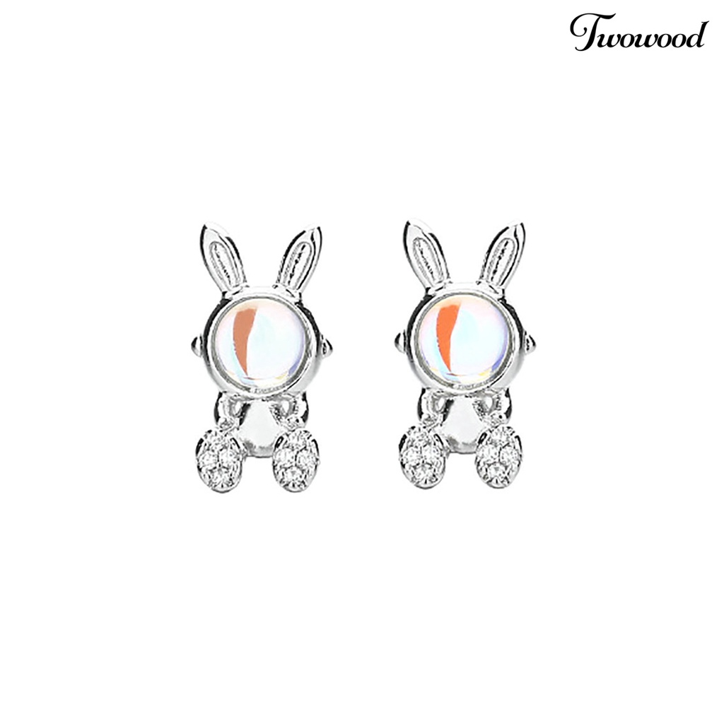 Twowood 1pasang Ear Studs Faux Moonstone Mini Bawa Keberuntungan Bling Berlian Imitasi Kelinci Bunny Wanita Anting Perhiasan Aksesoris