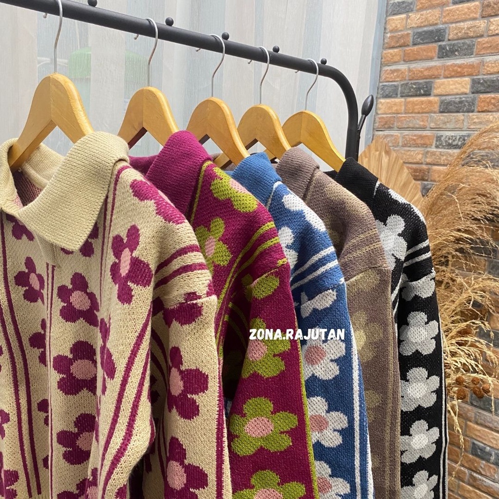 MELLY POLO CROP RAJUT MOTIF BUNGA ATASAN WANITA