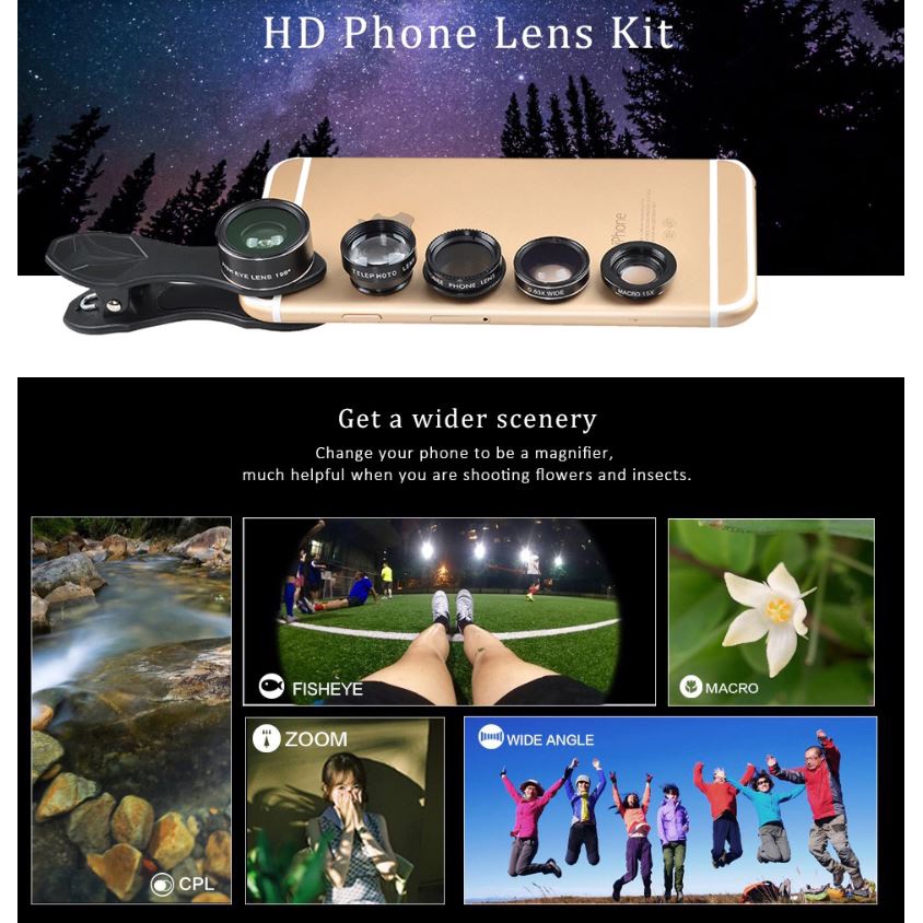 APEXEL 5 in 1 Lensa CPL Fisheye Macro Telephoto Wide Angle Lens - APL-DG5H - Black - 5VSC1GBK