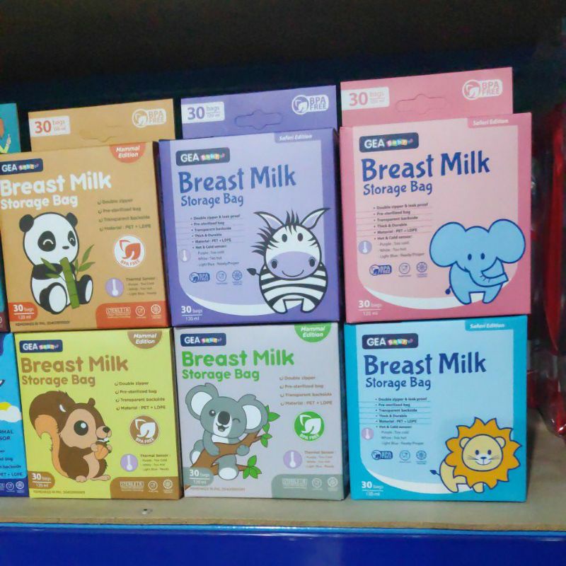 Gea Baby Kantong ASI Breast Milk Storage Bag 120ml isi 30 bags Termal Sensor Double Ziper Pre-sterilized bag Transpafent backside material PET LDPE