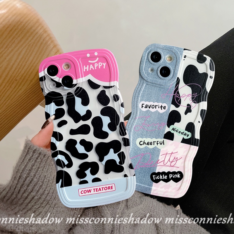 Realme 10 C15 C12 C33 C35 9i 8i 9 9Pro+5i 57i 7 6i C11 8 8Pro C30 C25 C25Y C17 C21Y C25s C20 C20A C3 Couple Lucu Denim Patch Happy Leopard Print Bening Lembut Bergelombang Pinggir Case