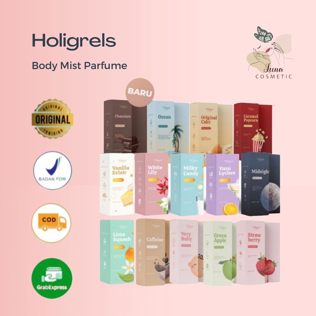 Holigrels - Bodymist Holigrels Parfume ody Mist by Holigrels 75ml | Vanilla Eclair | Milky Candy I Yuzu Lychee | White lily | Lime Squash | Very Baby | Caffeine | Midnight | Strawberry | Green Apple | Popcorn | Original Cake 75ml