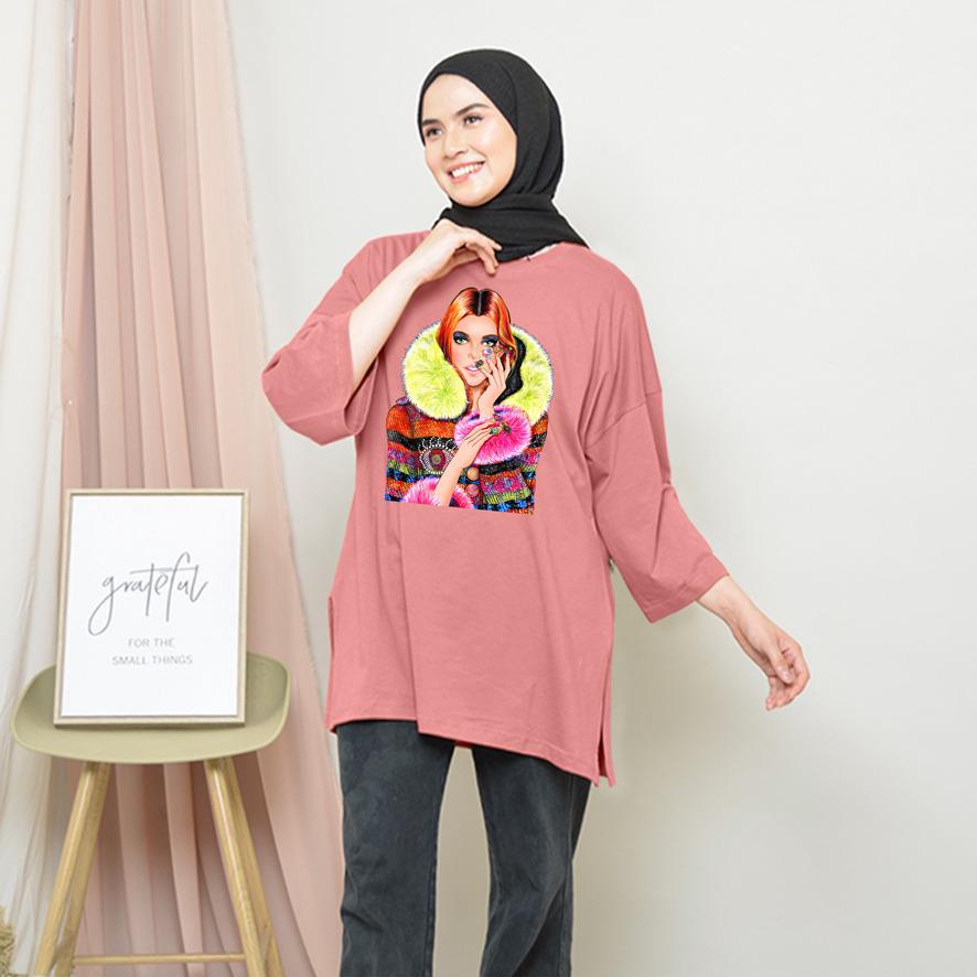 KAOS OVERSIZE TOP HIJAB WANITA BASIC DTF CEWEK SHAL / OVERSIZE SLIT BLOUSE GAMBAR DTF / DIGITAL PRINT