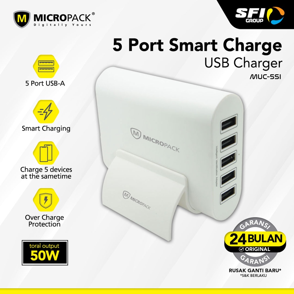 USB Charger Premium 5 Port Micropack Smart IC Multi 5in1 50 Watt - MUS-5SI