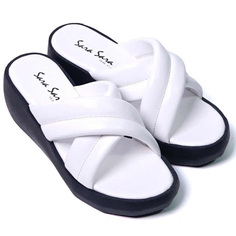 SARASARA YUK - Sandal Wanita Wedges SARA SARA EDLYN Sendal Cewek Platform Wegdes Hak Tinggi 5cm Model Silang 2 Size 35 36 37 38 39 40 Pergi Jalan Santai Rumah Slop Warna Putih White Selop Premium Kekinian Terbaru Shoes ORI Mall Official Store