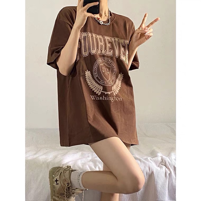 baju oversize wanita american retro lengan pendek letter graphic print T-shirt import kekinian kaos korea