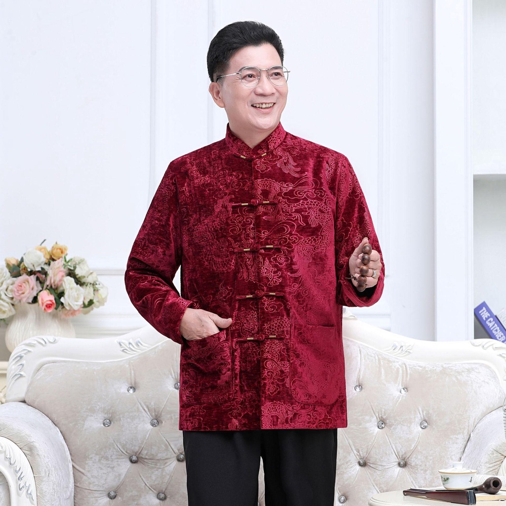 Cheongsam Qipao Atasan Pria Merah Biru Hitam Lengan Panjang Gaya Tiongkok 3XL
