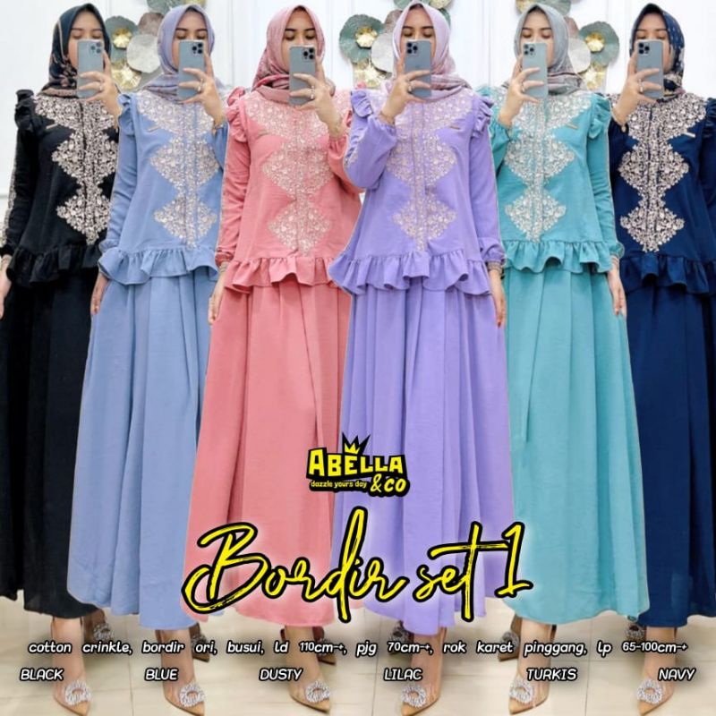 Bordir Set#1 Setelan baju rok dewasa Cotton Crinkle Bordir Ori Busui