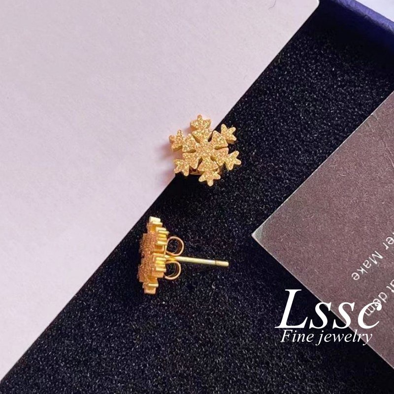 Anting Tusuk Titanium Anti Karat Kepingan Salju Cantik Emas 18K Aksesoris Wanita Fahion Korea