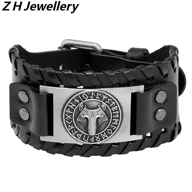 [Z H Perhiasan] Hip Hop Rock Retro Viking Fashion Pria Kulit Anyaman Thor Hammer Gelang Pesta Perhiasan Aksesoris