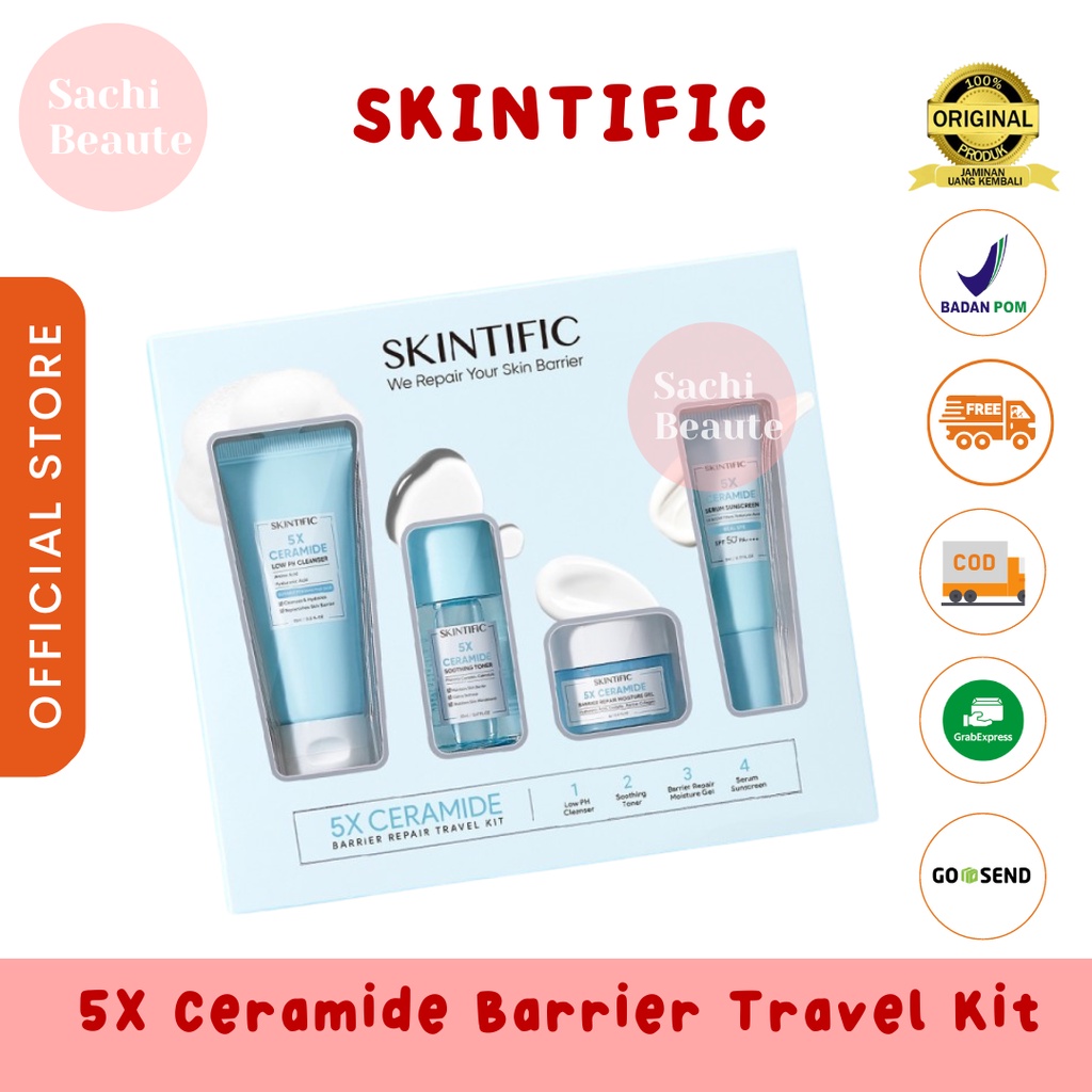 SKINTIFIC 5X Ceramide Travel Kit Skincare Paket Moisturizer + Cleanser + Soothing toner + Serum Sunscreen Barrier Repair Start kit Memperbaiki Skin Barrier